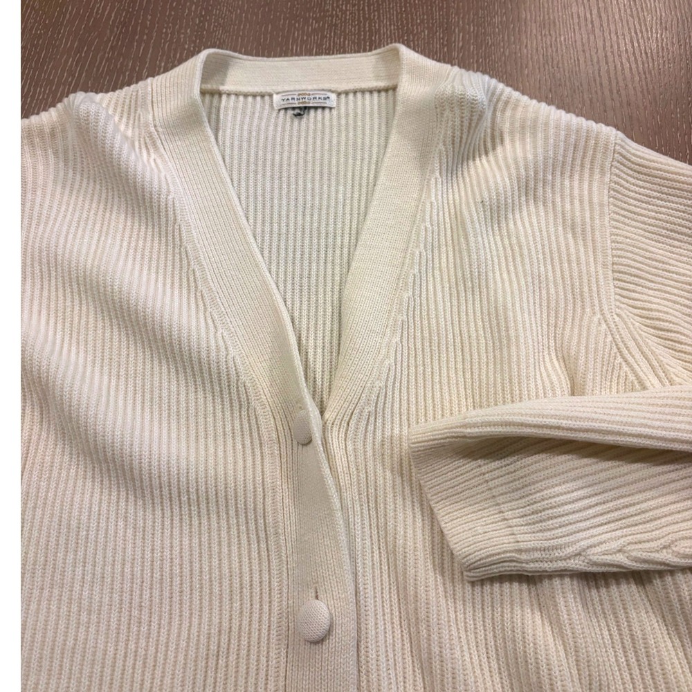 Yarnworks Womens Ribbed Cardigan Sweater Off White Button Front Size M Longline